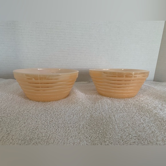 Set of 2 Fire King BeeHive Oven Ware Handle Soup Bowls | Peach Luster | Vintage - Picture 2 of 8